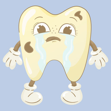 Cartoon cute sad tooth with caries crying.Dental concept, vector image for poster, sticker, print