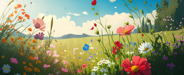 Fototapeta na wymiar Field of flowers illustration. spring flowers background, wallpaper and cover. Illustration. AI Generated.