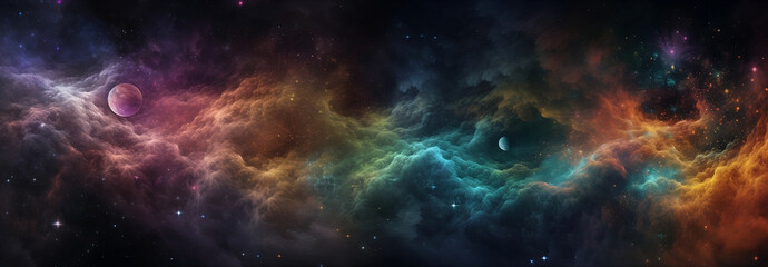 Fototapeta na wymiar Beautiful space galaxy nebula background with moon, planets, clouds and lots of stars. Generative AI