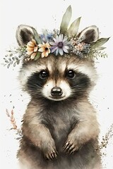 Watercolor baby raccoon portrait with flowers crown illustration. Cute raccoon face character design wildlife animal cartoon drawing print.