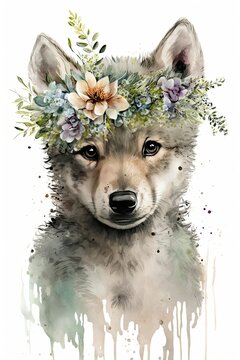 Beautiful baby face wolf portrait with flowers crown on white background. Art design, portrait. Beautiful illustration for decoration design poster.