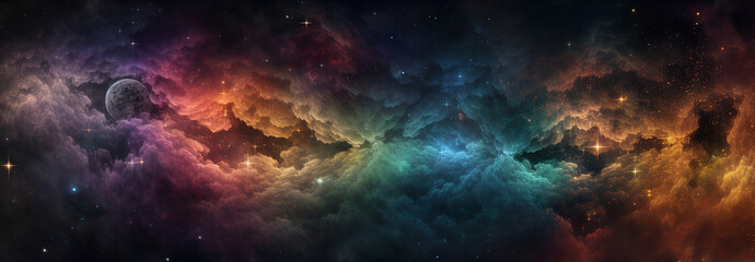 Plakat Beautiful space galaxy nebula background with moon, planets, clouds and lots of stars. Generative AI