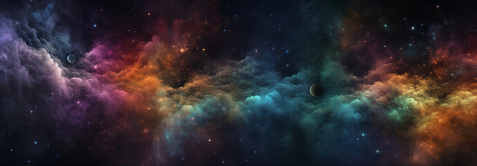 Obraz na płótnie Canvas Beautiful space galaxy nebula background with moon, planets, clouds and lots of stars. Generative AI