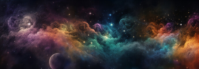 Plakat Beautiful space galaxy nebula background with moon, planets, clouds and lots of stars. Generative AI