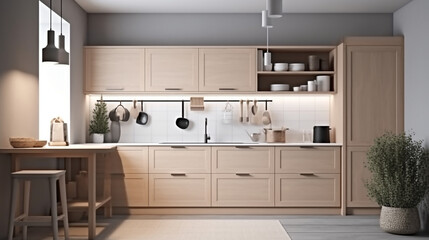 Fototapeta premium A kitchen of a beautiful bright modern style, generative AI