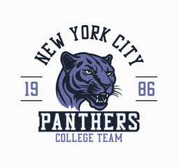 New York city college league, Panthers team t-shirt design. College tee shirt print design with panthers head. Graphics for print product, t shirt, vintage sport apparel. Vector.