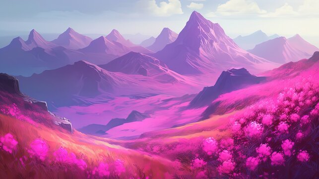 landscape illustration, pink purple valley mountain, Generative Ai