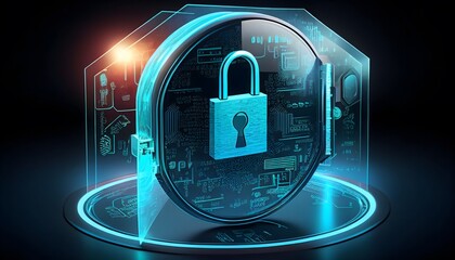 Cyber security and online data protection on internet.  Cybersecurity, privacy, network technology. Encrypted data, holographic secure access system interface with lock icon.