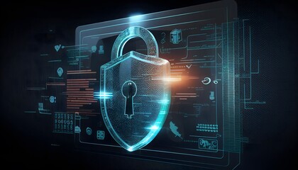 Cyber security and online data protection on internet.  Cybersecurity, privacy, network technology. Encrypted data, holographic secure access system interface with lock icon.