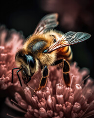 Macro shot of a bee on pink flower. Shallow depth of field.