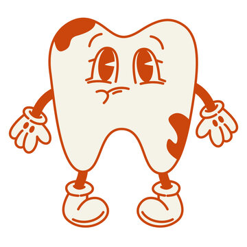 Cartoon cute sad tooth with caries.70, 80, retro style.Dental concept, vector image for poster, sticker, print