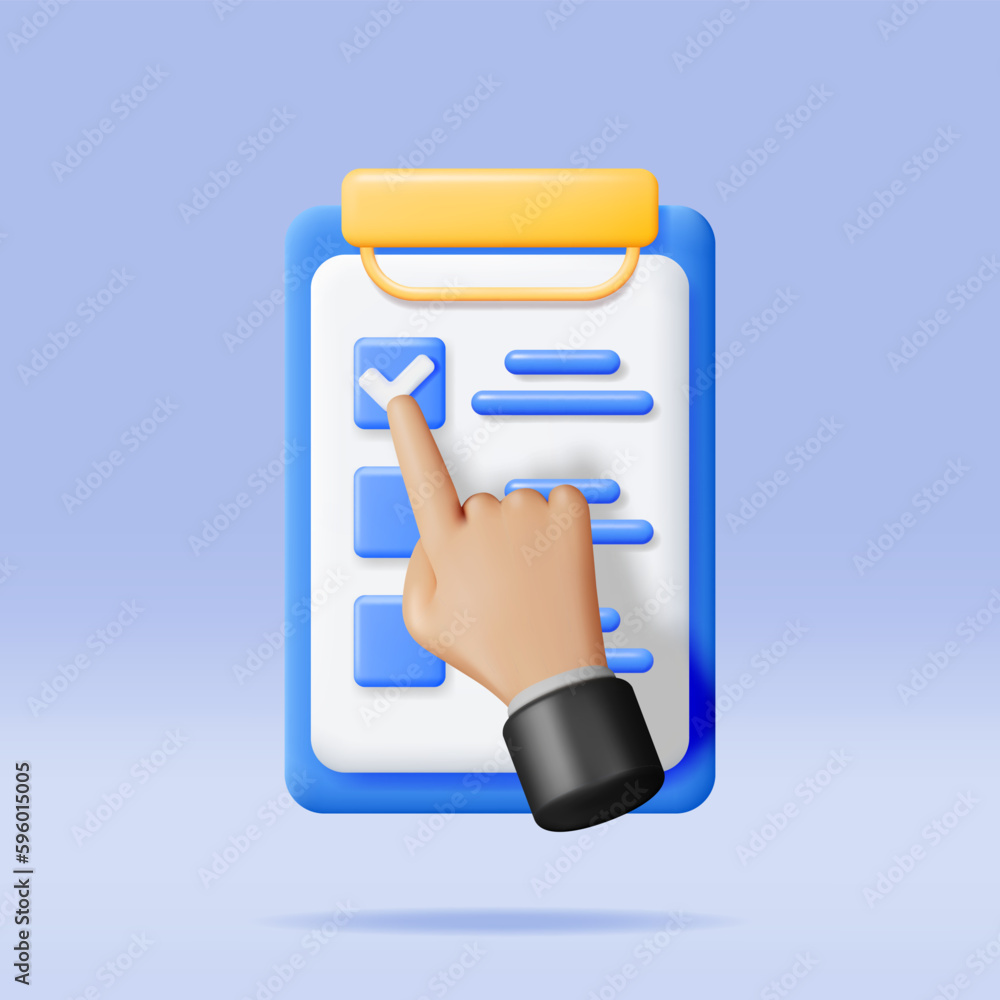 Poster 3d paper clipboard with checklist symbol and hand. render clipboard with paper sheet and check mark 