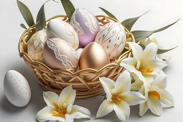 Easter eggs lie in wicker basket. Next to them on the table beautiful fresh lilies. Happy Easter holidays. Generative AI