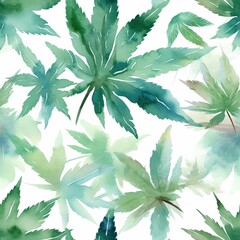 Watercolor seamless cannabis, marijuana leaves, pattern texture digital print. Digital Wall Tile Decor For Home. Generative AI