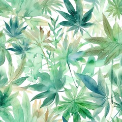 Watercolor seamless cannabis, marijuana leaves, pattern texture digital print. Digital Wall Tile Decor For Home. Generative AI