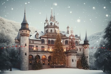 Fototapeta na wymiar Illustration of a snowy castle surrounded by festive Christmas decorations. Generative AI