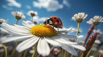 close up red ladybug on white daisy flower with blue sky background, Generative Ai
