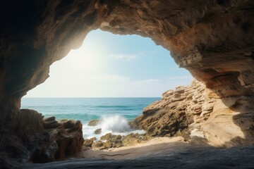 View of ocean through rock cave. Illustration background. Generative AI