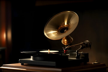 Golden round retro gramophone with vinyl flat record on dark background. Retro music. Generative AI