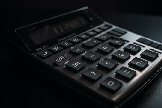 Close-up of calculator on gray-black background with copy space for business office use. 3D image. Generative AI