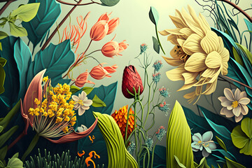Spring. Illustration of spring beautiful flowers. Tenderness, love and romance. Generative AI