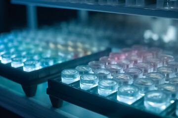 96 well plate with samples for biological analysis. Microplate for biomedical research and biologic tests. Generative AI