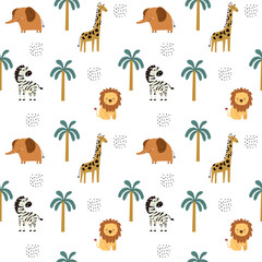 Simple and cute elephant, zebra, giraffe, lion and palm tree seamless pattern for kids. Creative kids texture for fabric, wrapping, textile, wallpaper, apparel etc. 