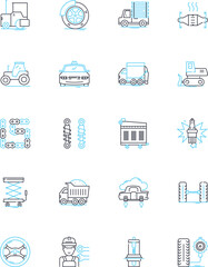 Car fair linear icons set. Automobiles, Dealerships, Trade, Industry, Technology, Innovations, Luxury line vector and concept signs. Performance,Accessories,Dealers outline illustrations