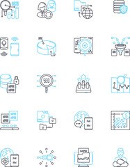 Market researching linear icons set. Demographics, Surveys, Sampling, Branding, Focus groups, Feedback, Target audience line vector and concept signs. Consumer behavior,Market segmentation,Competition