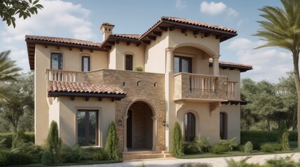 Mediteranian exterior house design in daytime golden hour generative ai