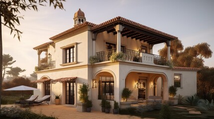 Mediteranian exterior house design in daytime golden hour generative ai