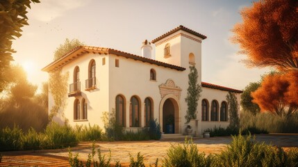 Naklejka premium Mediteranian exterior house design in daytime golden hour generative ai