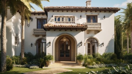 Fototapeta premium Mediteranian exterior house design in daytime golden hour generative ai