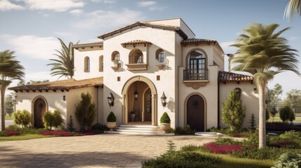 Mediteranian exterior house design in daytime golden hour generative ai