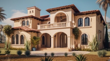 Fototapeta na wymiar Mediteranian exterior house design in daytime golden hour generative ai