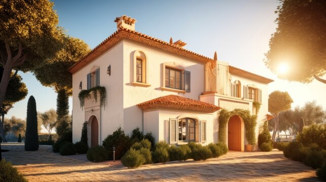 Mediteranian exterior house design in daytime golden hour generative ai