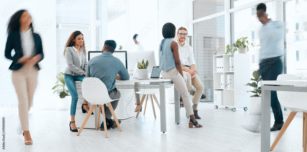 Poster keep up with the pace. a group of businesspeople working in a modern office at work.
