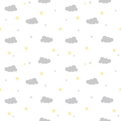Clouds and stars kids seamless pattern. Repeatable vector illustration. Creative kids texture for fabric, wrapping, textile, wallpaper, apparel etc. 