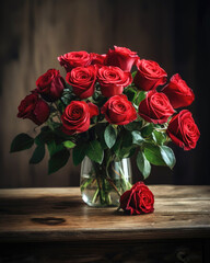 Bouquet of red roses in a vase on a wooden table 