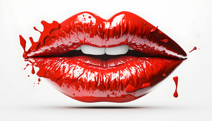 Woman lip set. Girl mouth close up with smudged red lipstick makeup isolated on white background. Generation AI