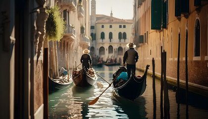 Fototapeta na wymiar Grand Canal of Venice, Italy. Sunny day gondolier carries tourists on gondola. Generation AI
