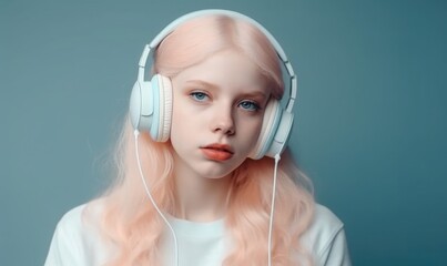 Cute albino girl listening to her favorite music through earphones, generative AI
