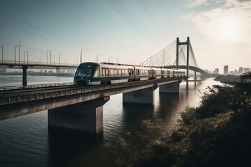 Modern train on a bridge over water, passing by city landscape. Generative AI