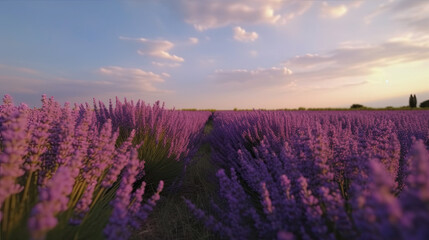 lavender field at sunrise created with generative ai - obrazy, fototapety, plakaty