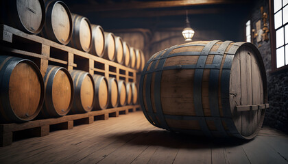 Storage cellar with barrels making wine or whisky bottles. Generation AI