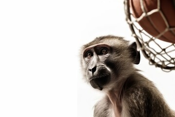 Baboon Slam Dunk Star Playing Basketball Isolated On Blank Background Generative AI