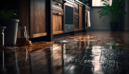Flooded floor in kitchen from water leak. Damage , Property insurance concept. Generation AI - obrazy, fototapety, plakaty