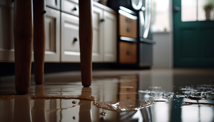 Flooded floor in kitchen from water leak. Damage , Property insurance concept. Generation AI