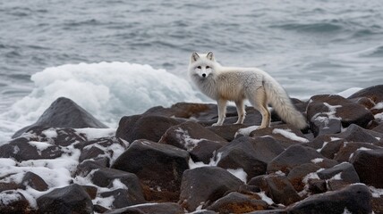 Fototapeta premium Polar fox arctic ocean shoreline as well as a wintertime tundra covered in snow and ice. AI generator