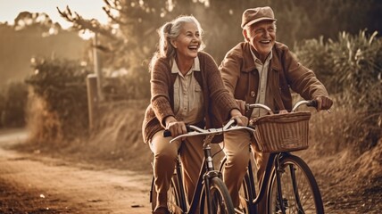 Happy and lively older citizens love riding a bike together as a form of outdoor recreation. Man carrying elderly woman leading an active, healthy lifestyle. AI generator